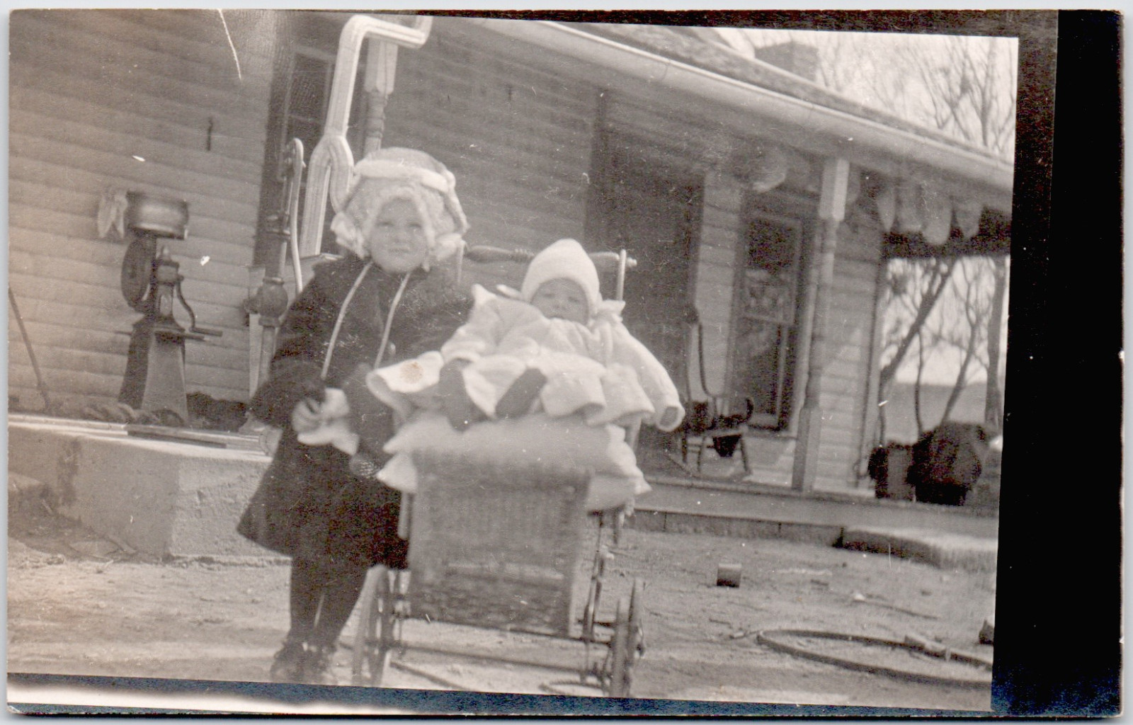 c1909 Child Pushing Baby in Carriage RPPC Postcard Rural Home Scene