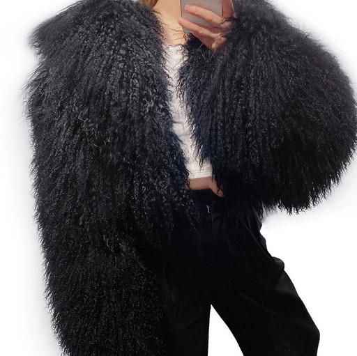 100% Real Mongolian Lamb Fur Coat Long Fur Warm Outwear Women Short Jacket