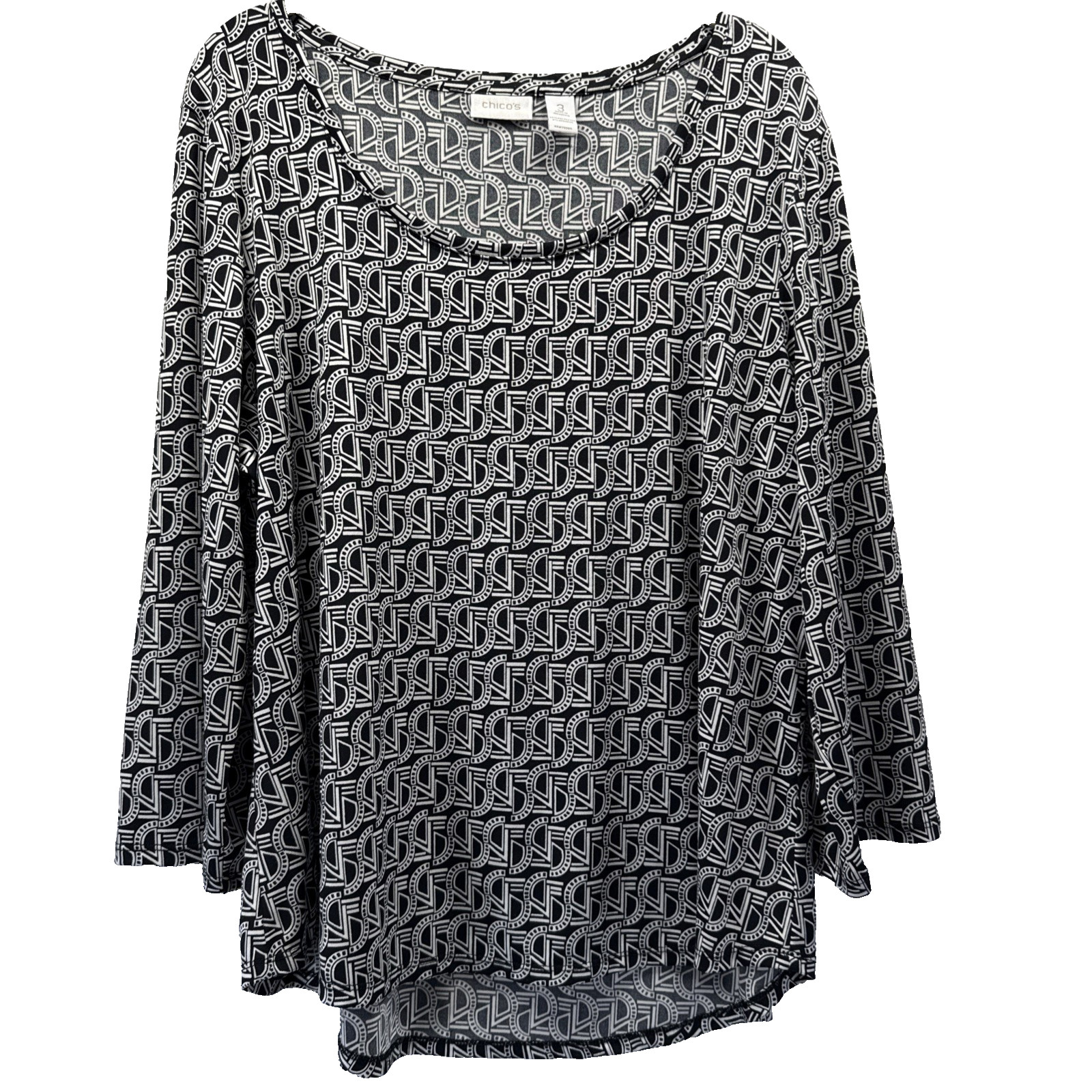 Chicos Women\'s Top Size XL Black White 3/4 Sleeve Slinky Stretch Pullover