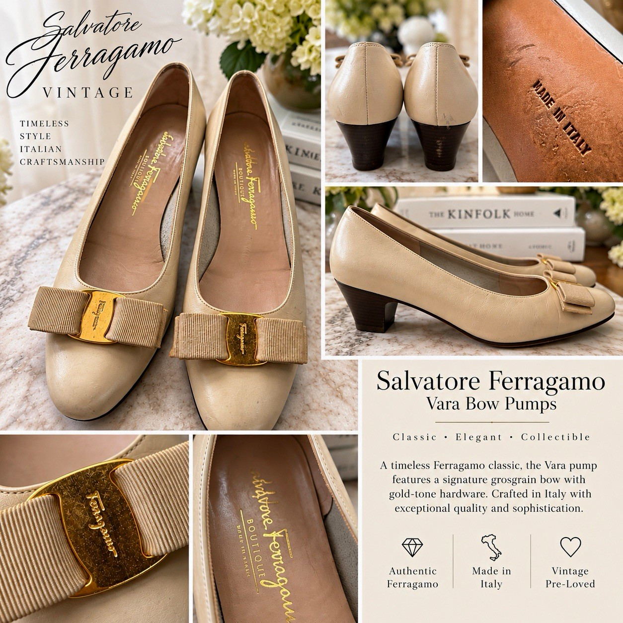 Salvatore Ferragamo Vintage Women’s Vara Bow Logo Pump Beige Leather Round Toe 9 Salvatore Ferragamo Vintage Women’s Vara Bow Logo Pump Beige Leather Round Toe 9
