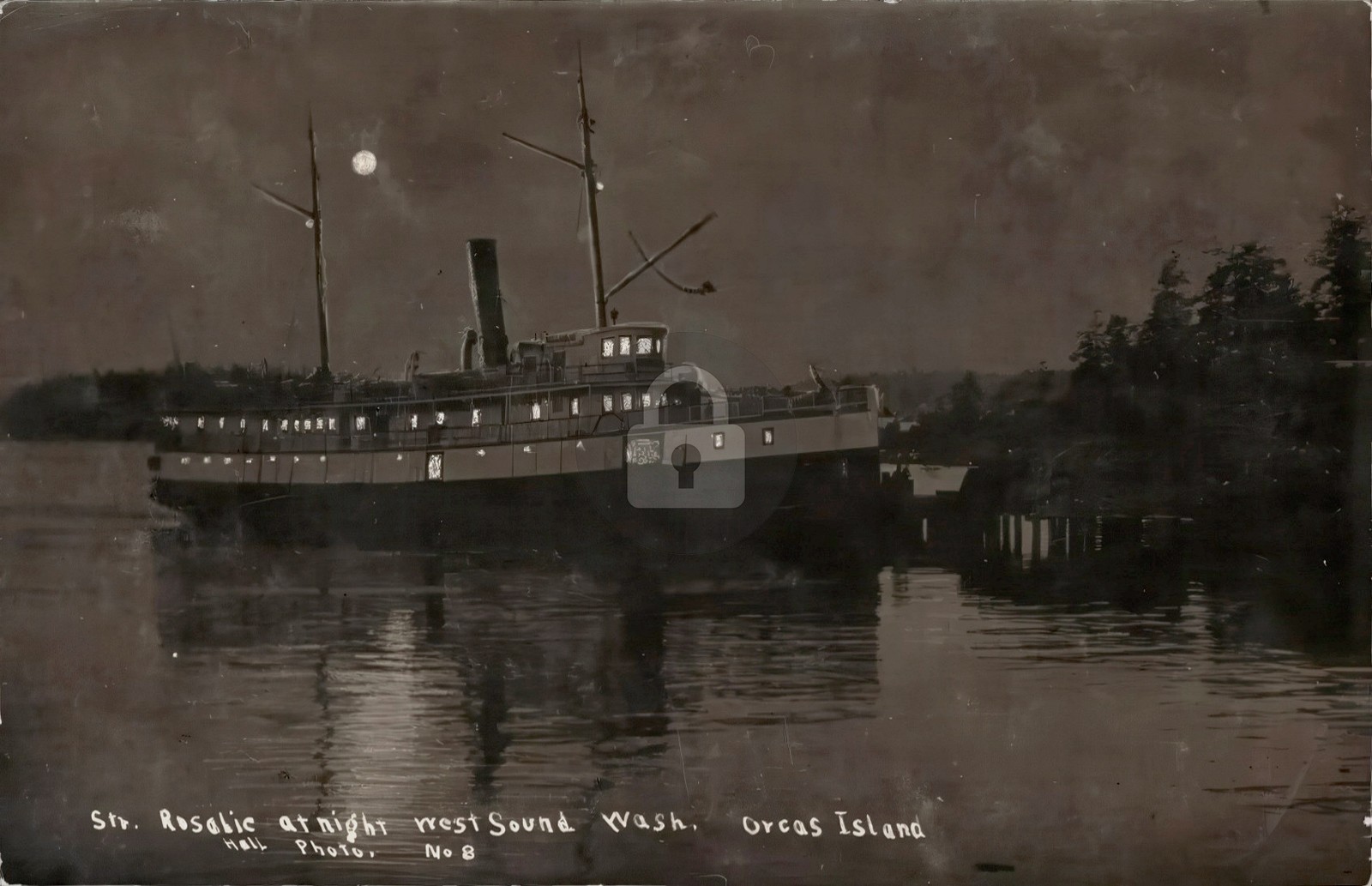 Wa Orcas Island c1908 Steamer Rosalie Night West Sound RPPC Photo Postcard COPY