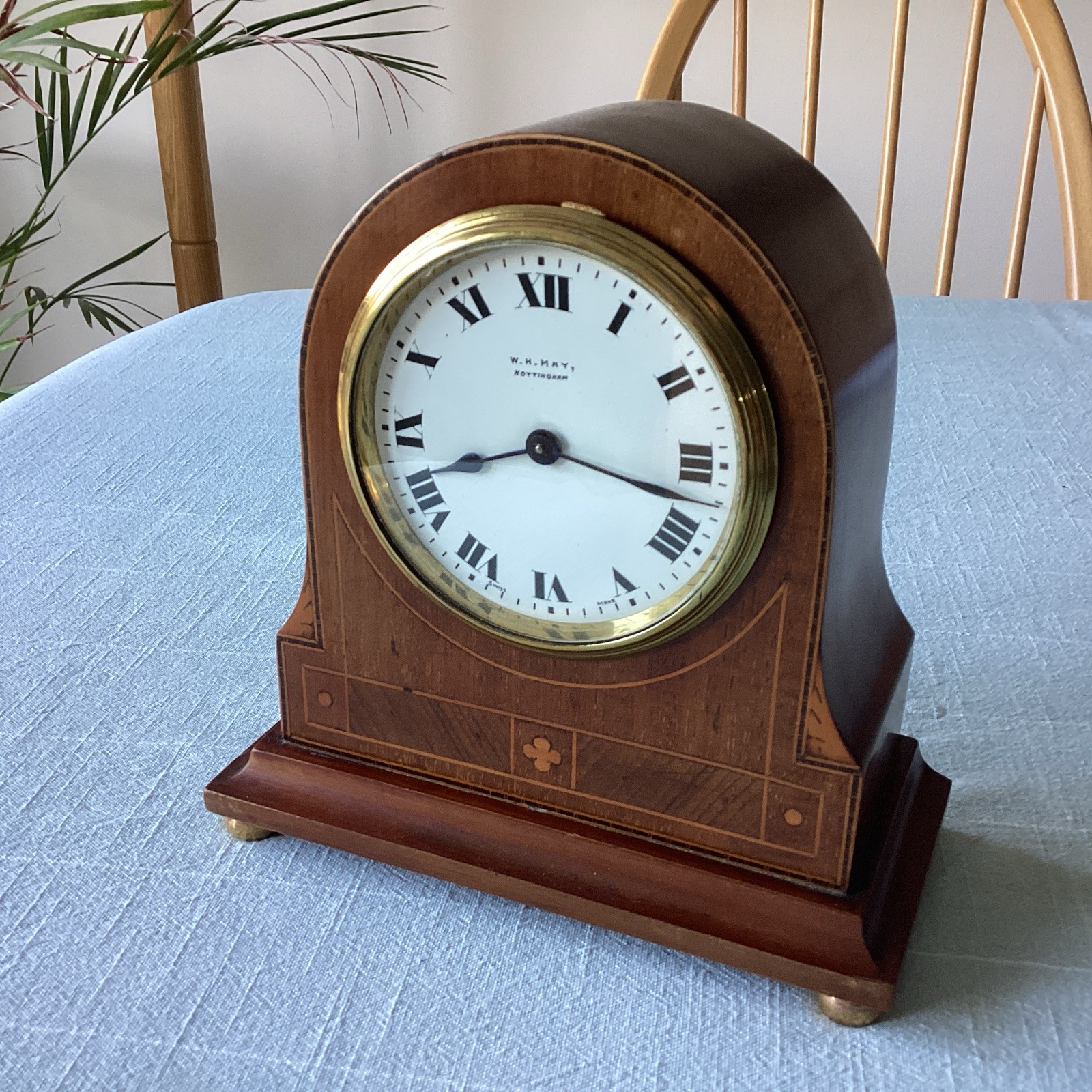 Antique Mantel Clock Inlaid Wood Swiss Buren Movement, English Case -Beautiful