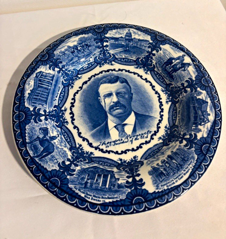 Antique Theodore Roosevelt Rowland & Marsellus Blue Staffordshire Plate Rough Ri