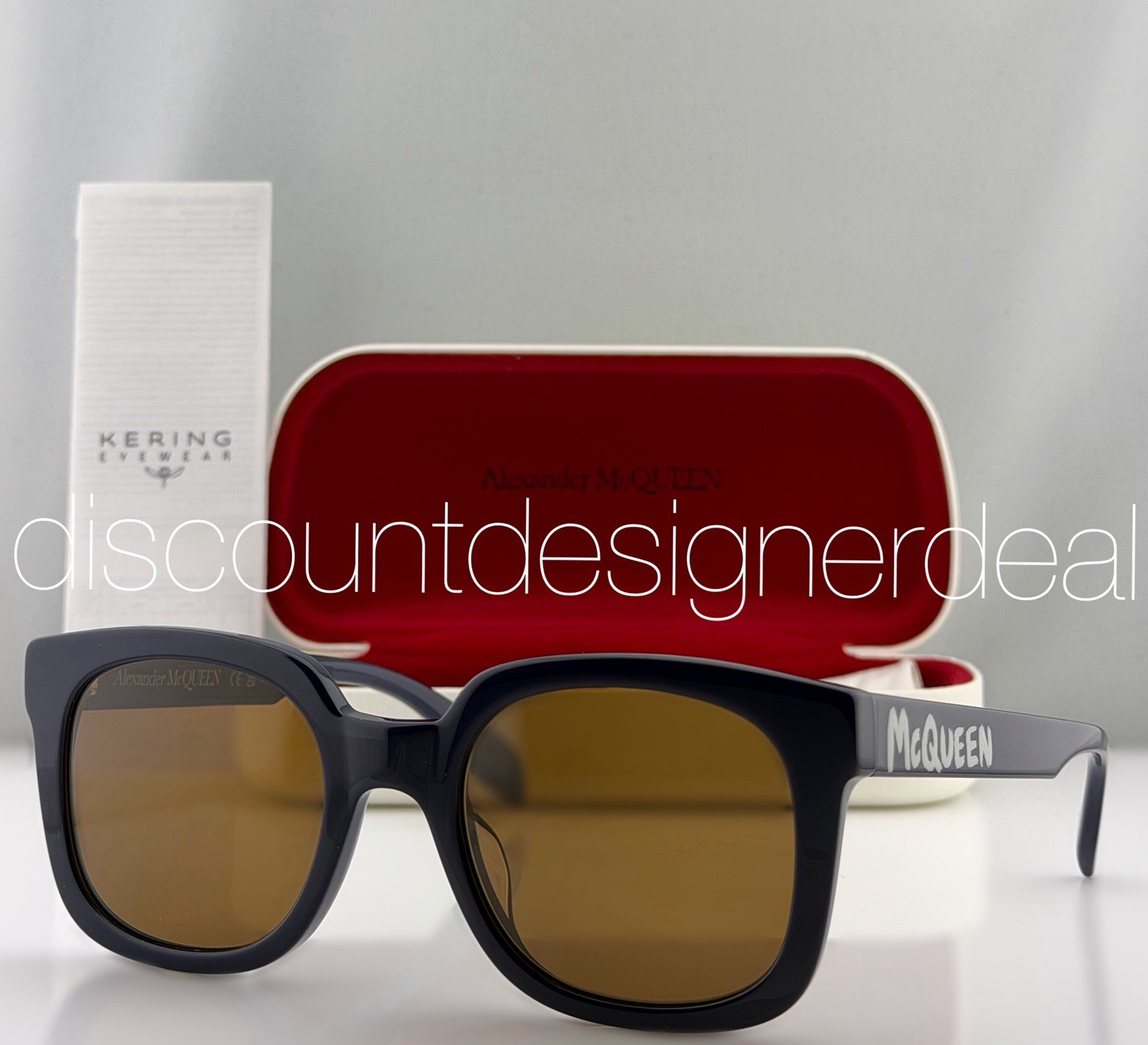 Alexander McQueen AM0348S 004 Square Sunglasses Navy Blue Brown Lens 53mm NEW