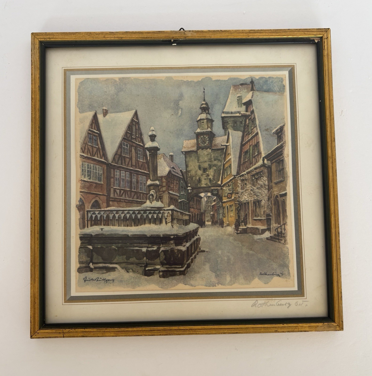 Vintage Rothenburg ob der Tauber Germany Framed Art Print Signed Winter Scene