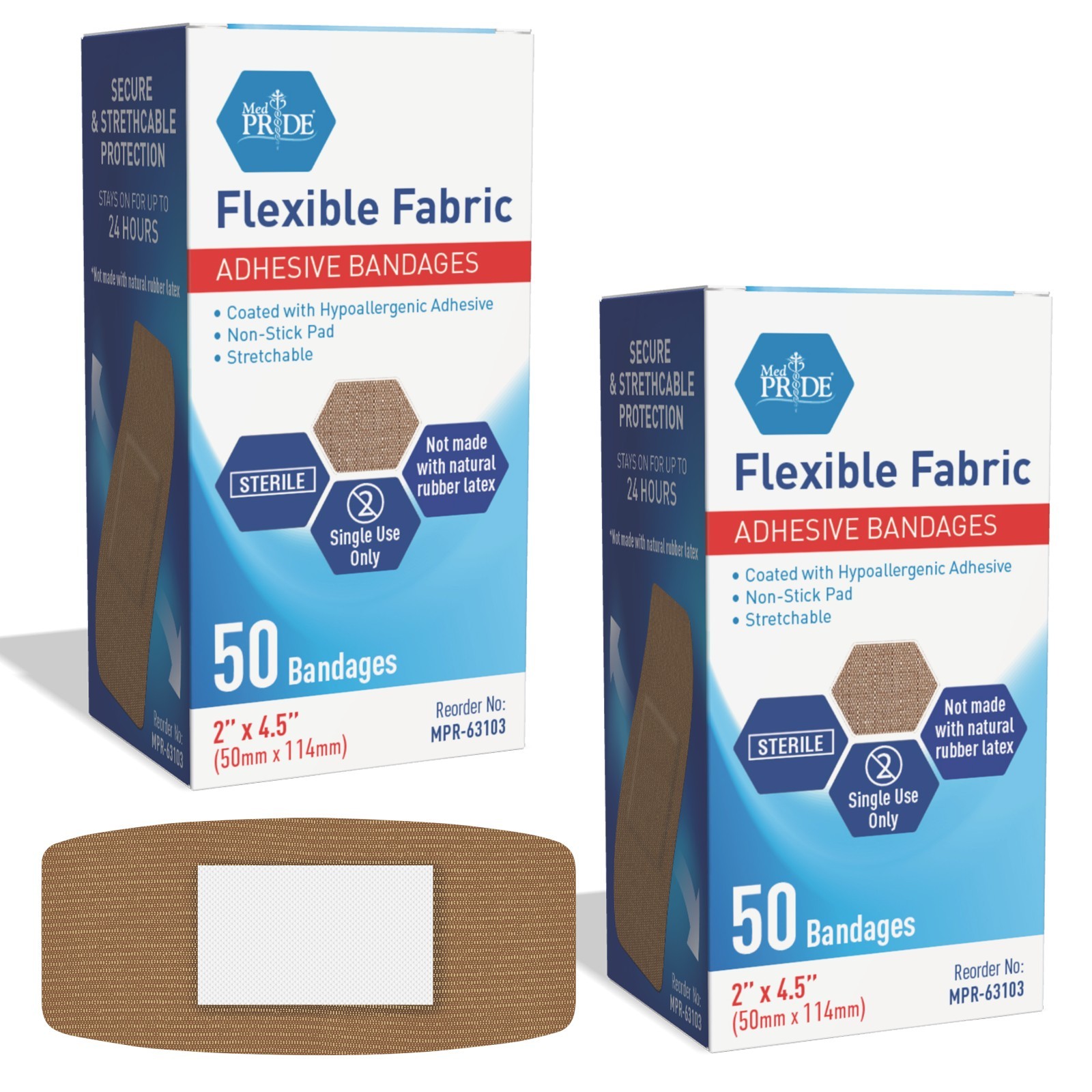 MED PRIDE Adhesive Bandages Fabric 2x4.5 Sterile Hypoallergenic Latex-Free 100ct