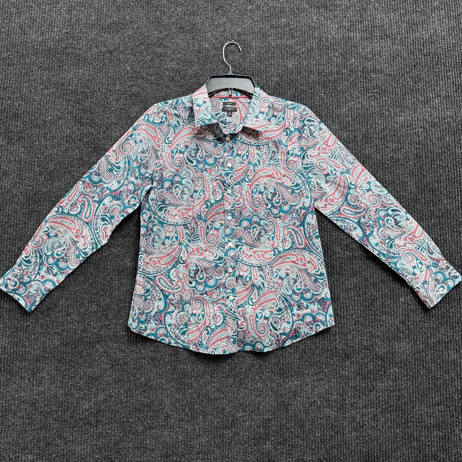 Talbots Non Iron Paisley Button Up Shirt Womens 10P Petite Teal Pink Stretch