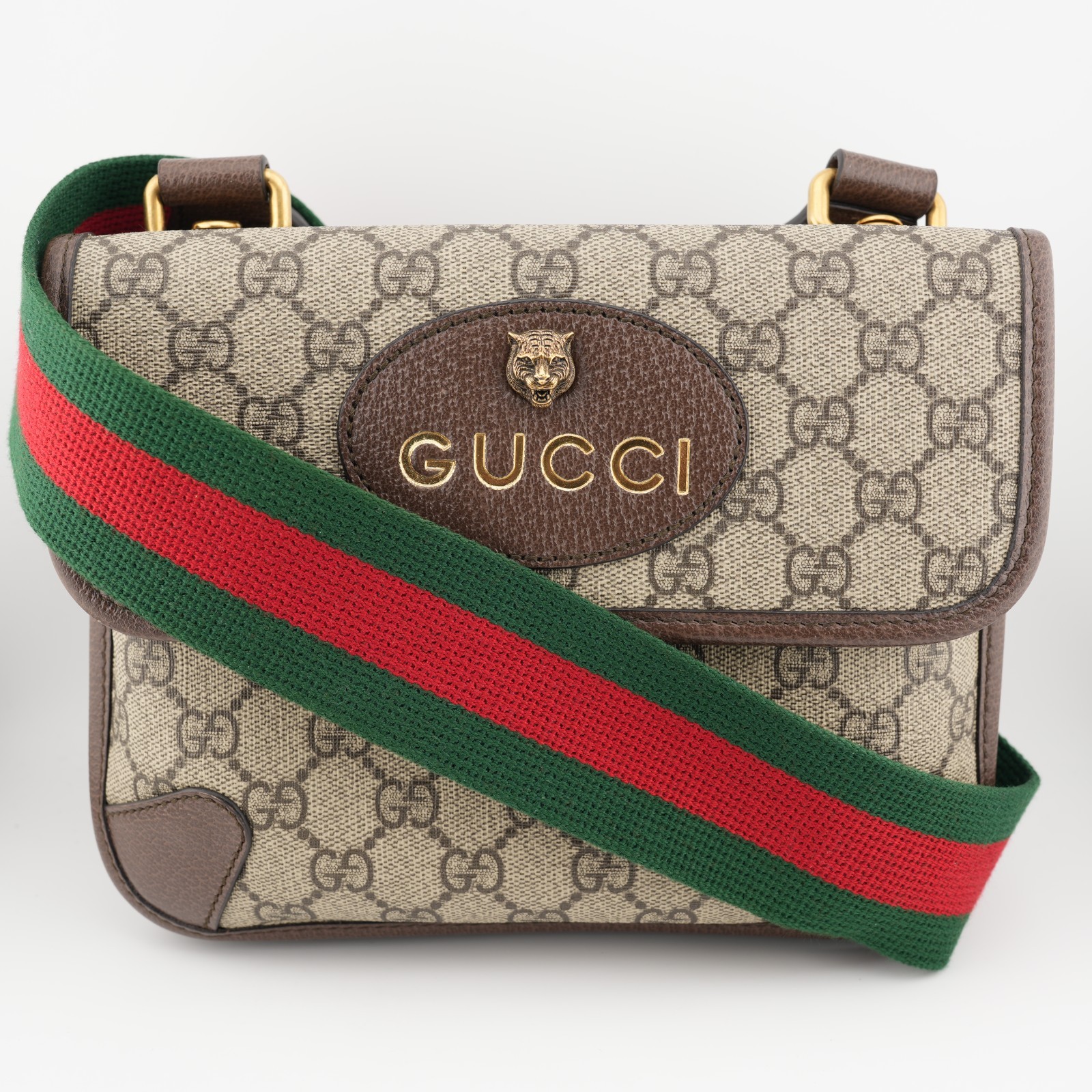 * Gucci GG Supreme Monogram Web Small Neo Double Flap Messenger Bag Beige * Gucci GG Supreme Monogram Web Small Neo Double Flap Messenger Bag Beige