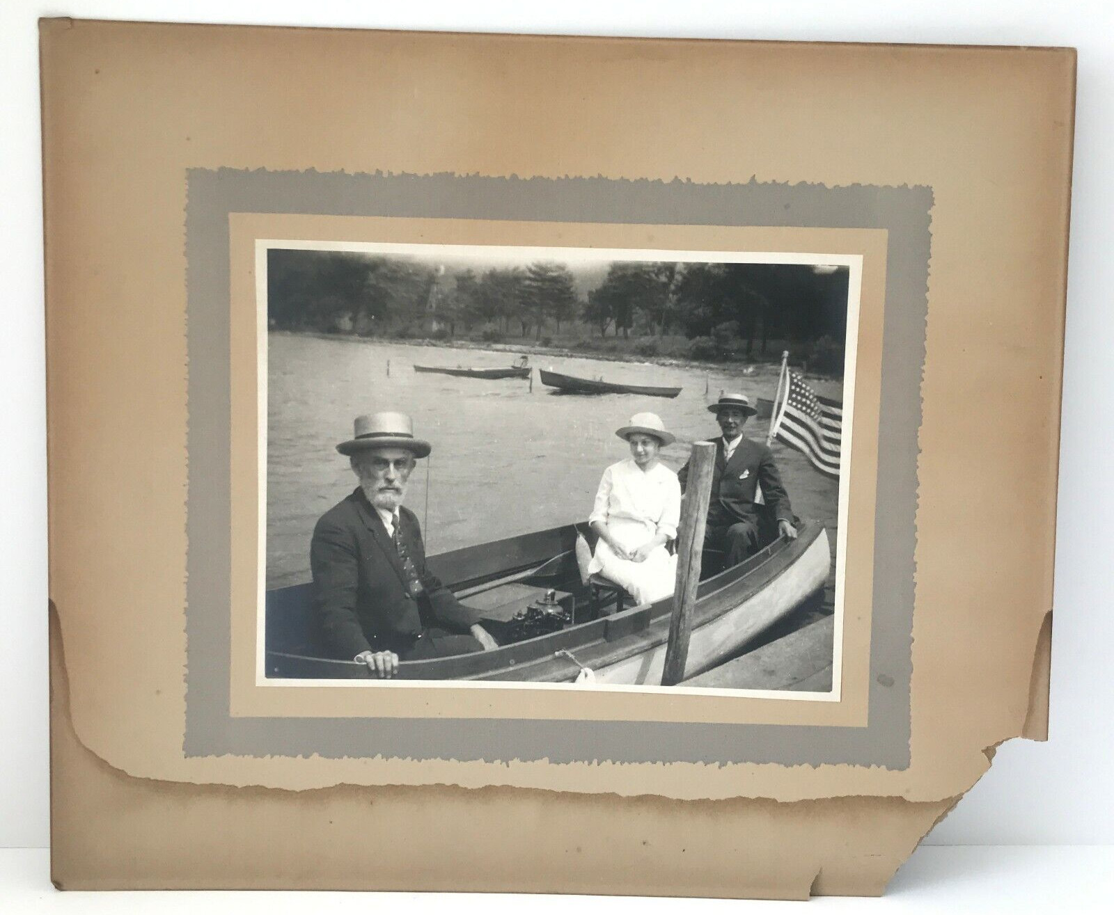 Antique Photo Men Woman Rowboat American Flag Lake Boating Americana 1910s 1920s Antique Photo Men Woman Rowboat American Flag Lake Boating Americana 1910s 1920s
