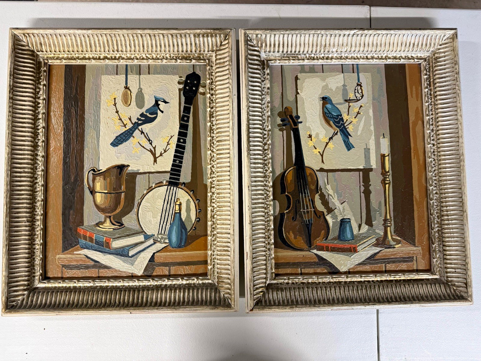 Framed 20x16 Still Life Oil Paintings Set of 2 Birds Banjo Violin Candlestick Framed 20x16 Still Life Oil Paintings Set of 2 Birds Banjo Violin Candlestick