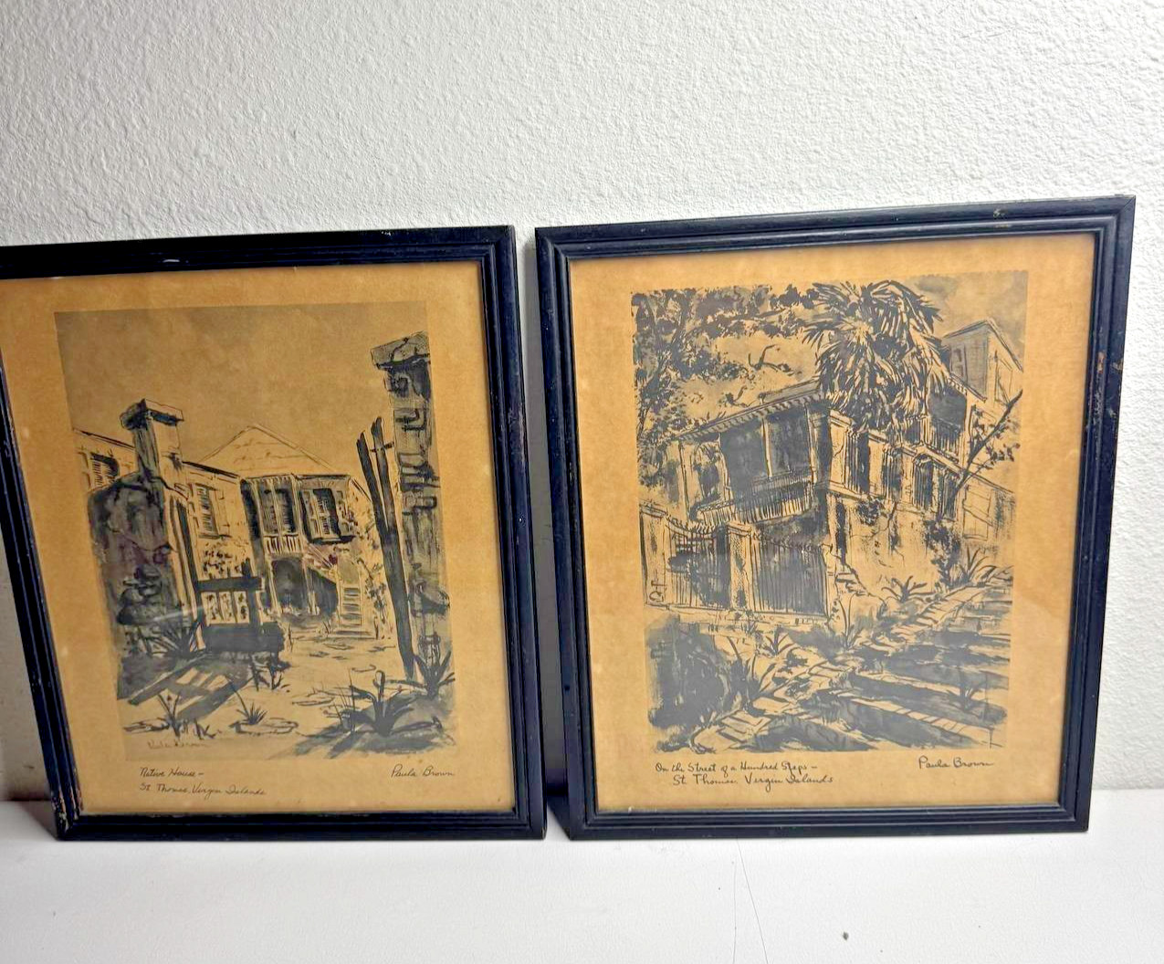 Paula Brown Signed Prints Set 2 St Thomas Virgin Islands  VGT Art Framed 11x13