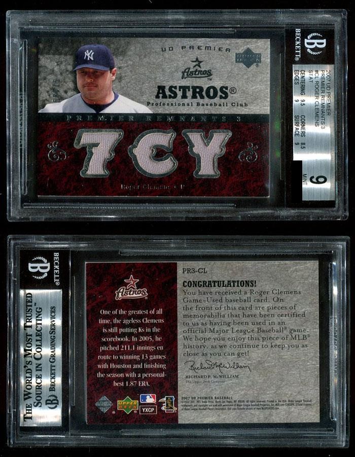 Roger Clemens 2007 Upper Deck Premier Remnants 3 Stat 7CY card #68/75 BGS 9