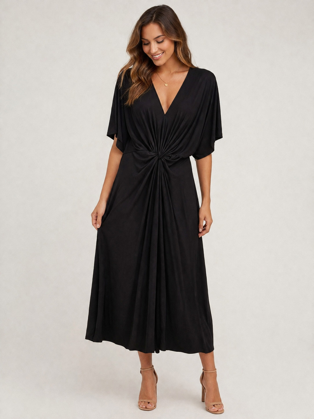 NWT Sharagano Black Twist-Knot Front Detailing V-Neck Midi Dress Size 14