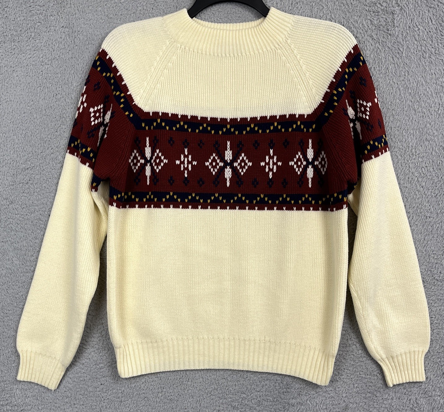VTG 80s JCPenney Nordic Ski Sweater Mens Large Cream Burgundy Fair Isle Acrylic