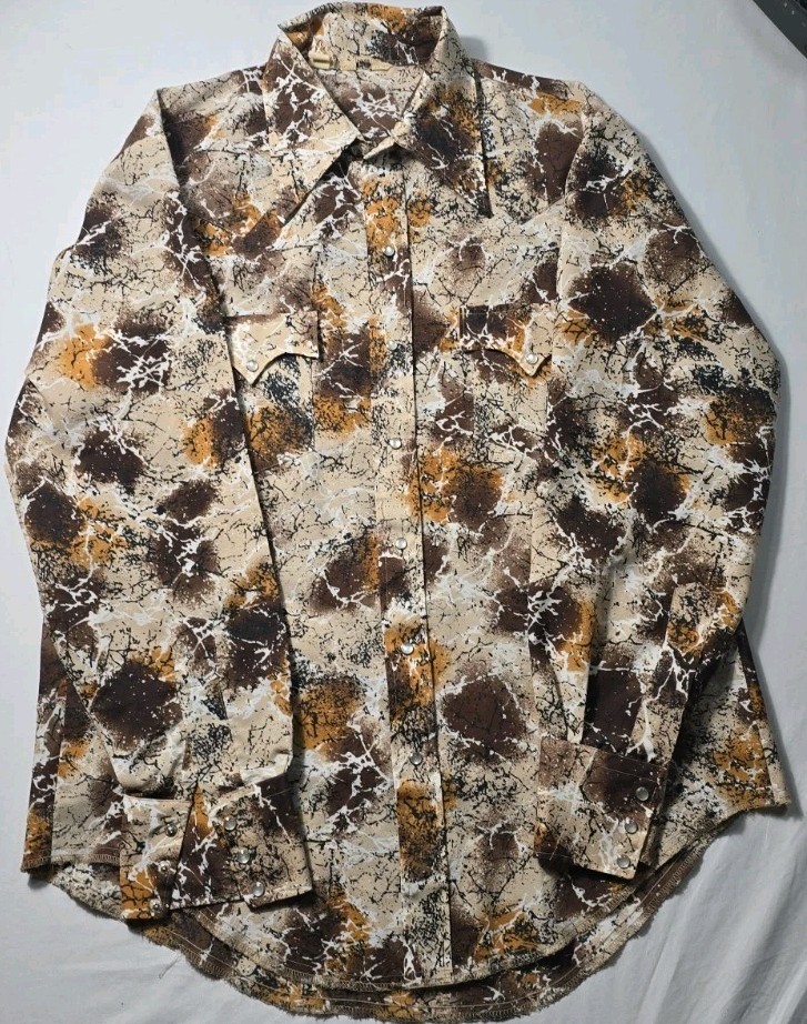 VTG 70s Wrangler Western Pearl Snap Shirt Mens L 16.5 Abstract Bark Marble Disco VTG 70s Wrangler Western Pearl Snap Shirt Mens L 16.5 Abstract Bark Marble Disco