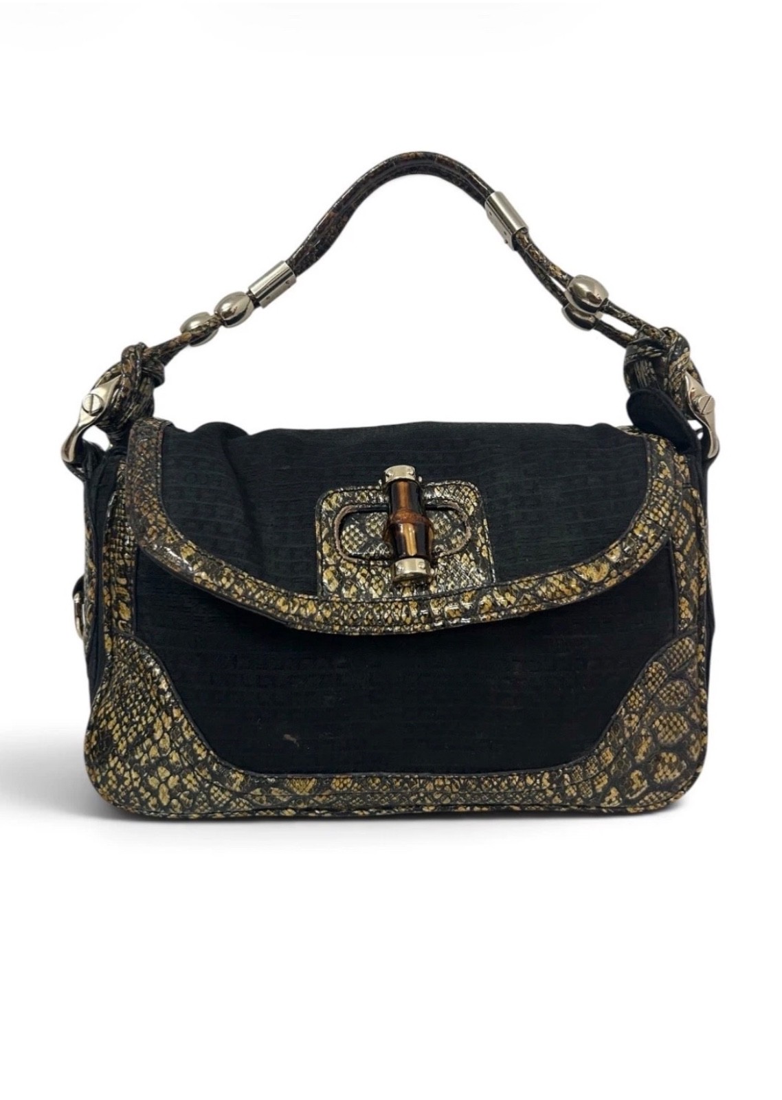 Vintage MARCO VALENTINO Black Canvas Shoulder Bag Snakeskin Trim Bamboo Lock
