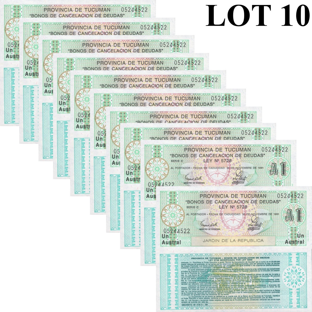 Argentina 1 Austral 1991 P S2711 UNC 1/10 Bundle Lot 10 pcs Argentina 1 Austral 1991 P S2711 UNC 1/10 Bundle Lot 10 pcs