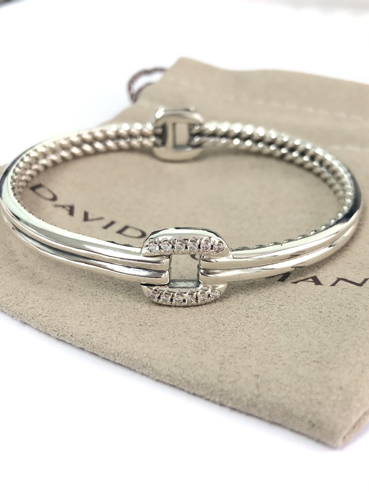 David Yurman 925 Silver Thoroughbred Center Link Bracelet with Pavé Diamonds