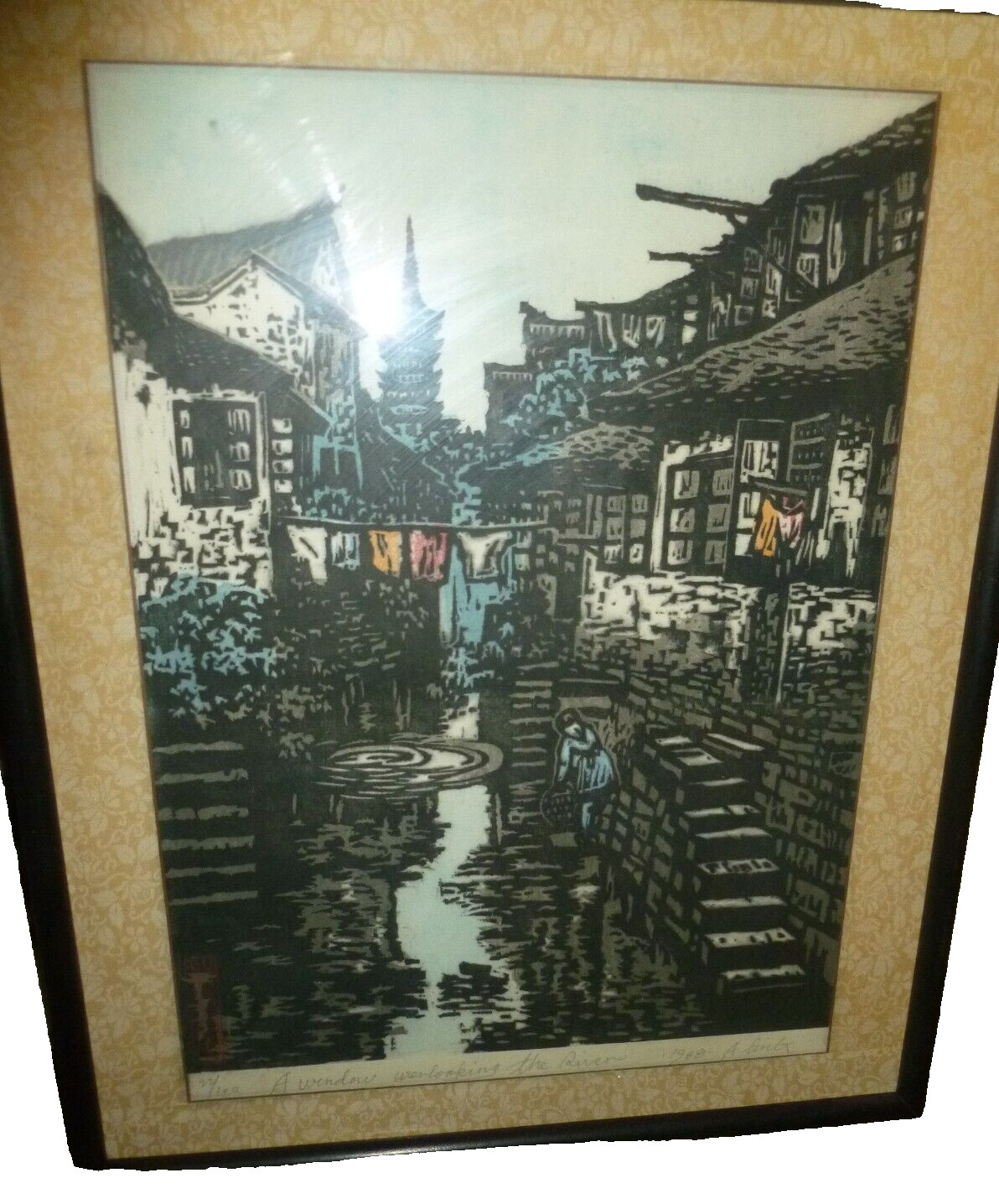 Vintage Japanese Woodblock Print A Window Overlooking River Signed Artist Proof