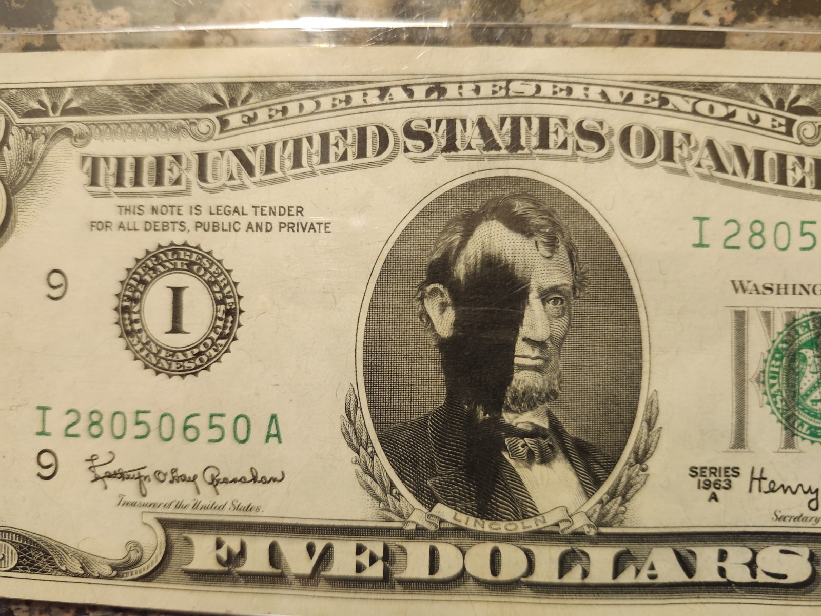 Unique 1963A $5 Ink Smear Error Unique 1963A $5 Ink Smear Error