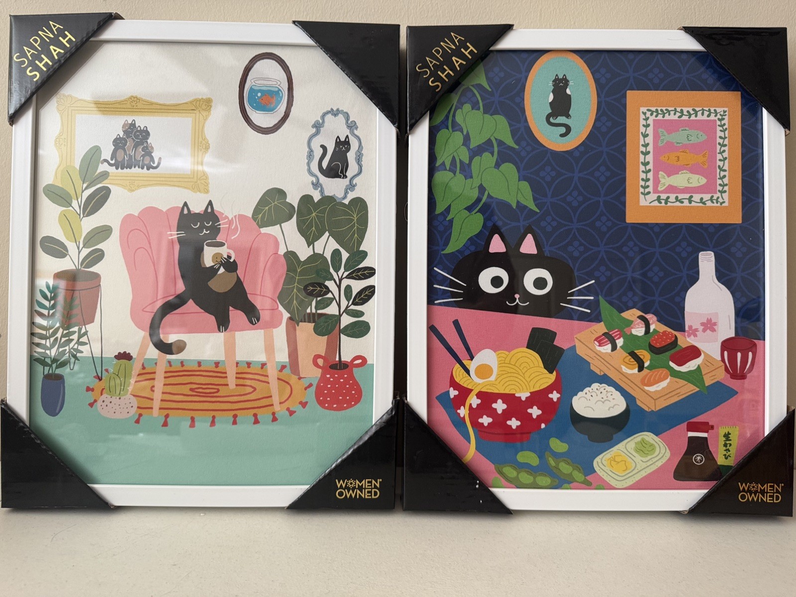 NEW Sapna Shah Framed Art Prints 11x14”, Black Cats Sushi Coffee, Colorful NEW Sapna Shah Framed Art Prints 11x14”, Black Cats Sushi Coffee, Colorful