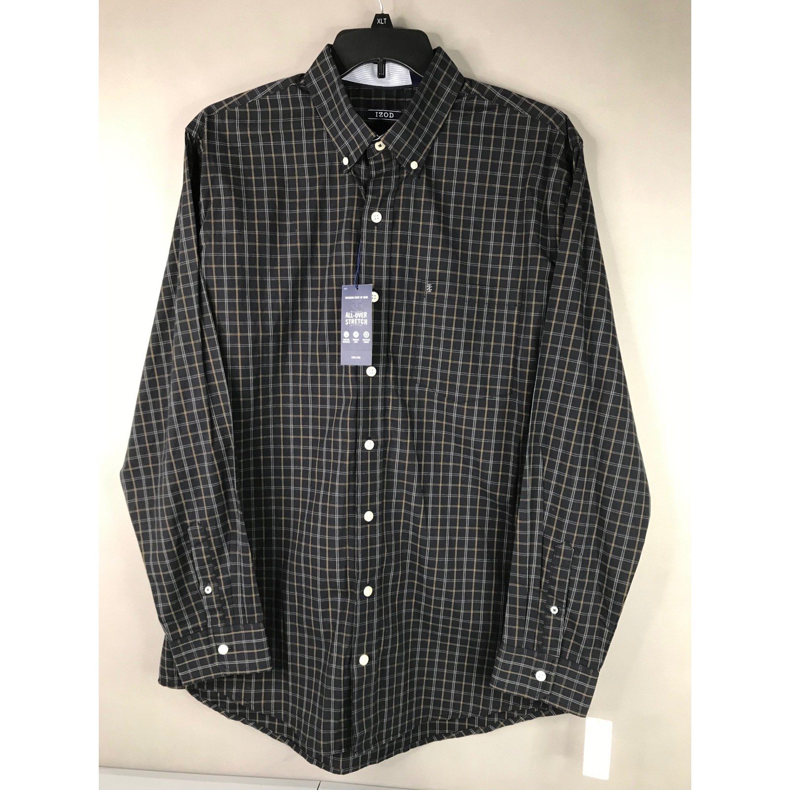 IZOD Button Down Shirt Mens XLT Anthracite NWT Stretch Plaid 46IZFHBN0X004
