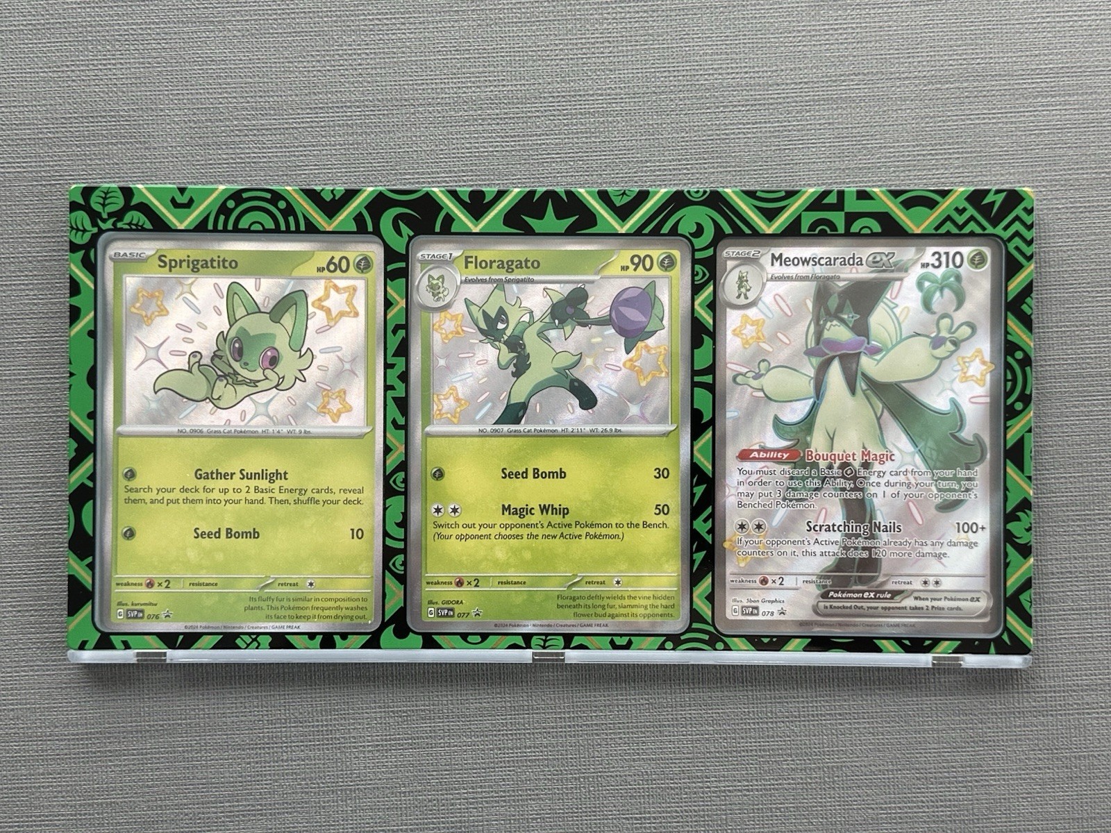 Sprigatito Floragato Meowscarada ex 076 077 078 Paldean Fates Promo Display Sprigatito Floragato Meowscarada ex 076 077 078 Paldean Fates Promo Display