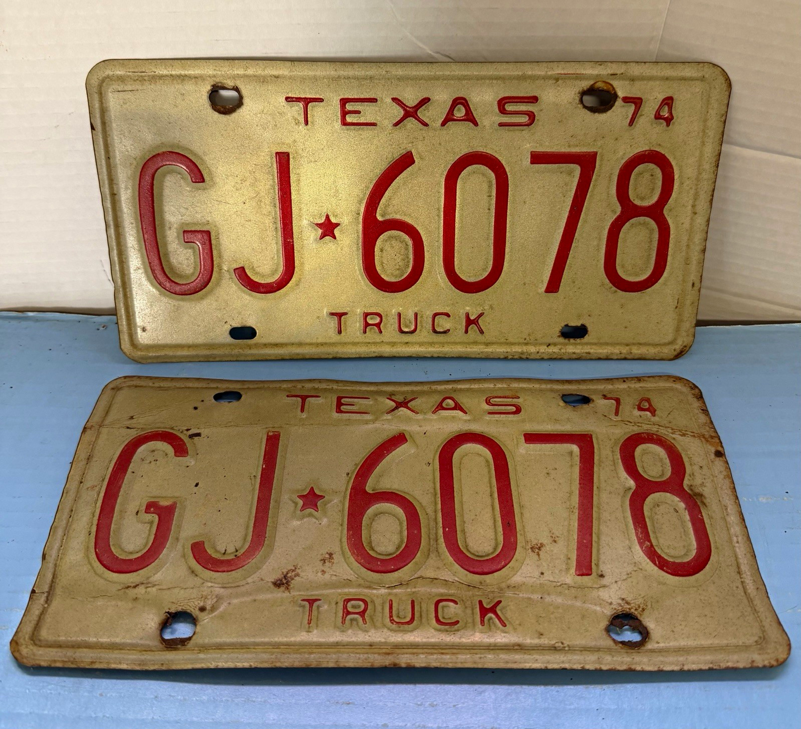 Texas 1974 Truck License Plates Pair Matching Set GJ 6078 Vintage Auto Tags