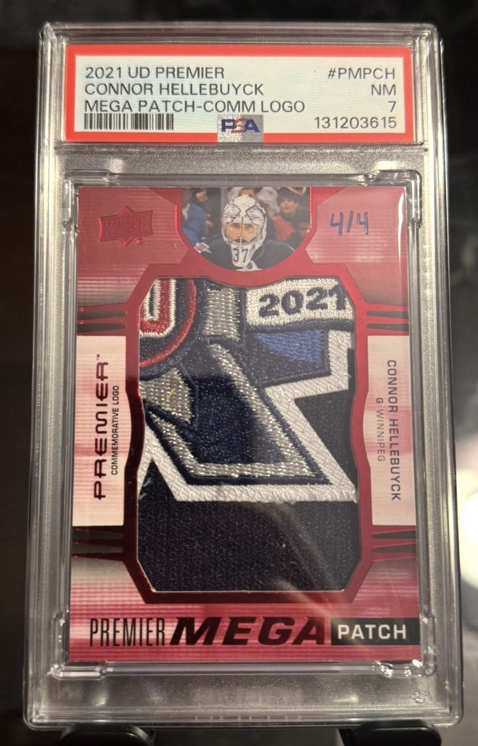 2021-22 Upper Deck Premier Mega Patch Comm Logo Connor Hellebuyck 4/4 PSA 7 2021-22 Upper Deck Premier Mega Patch Comm Logo Connor Hellebuyck 4/4 PSA 7