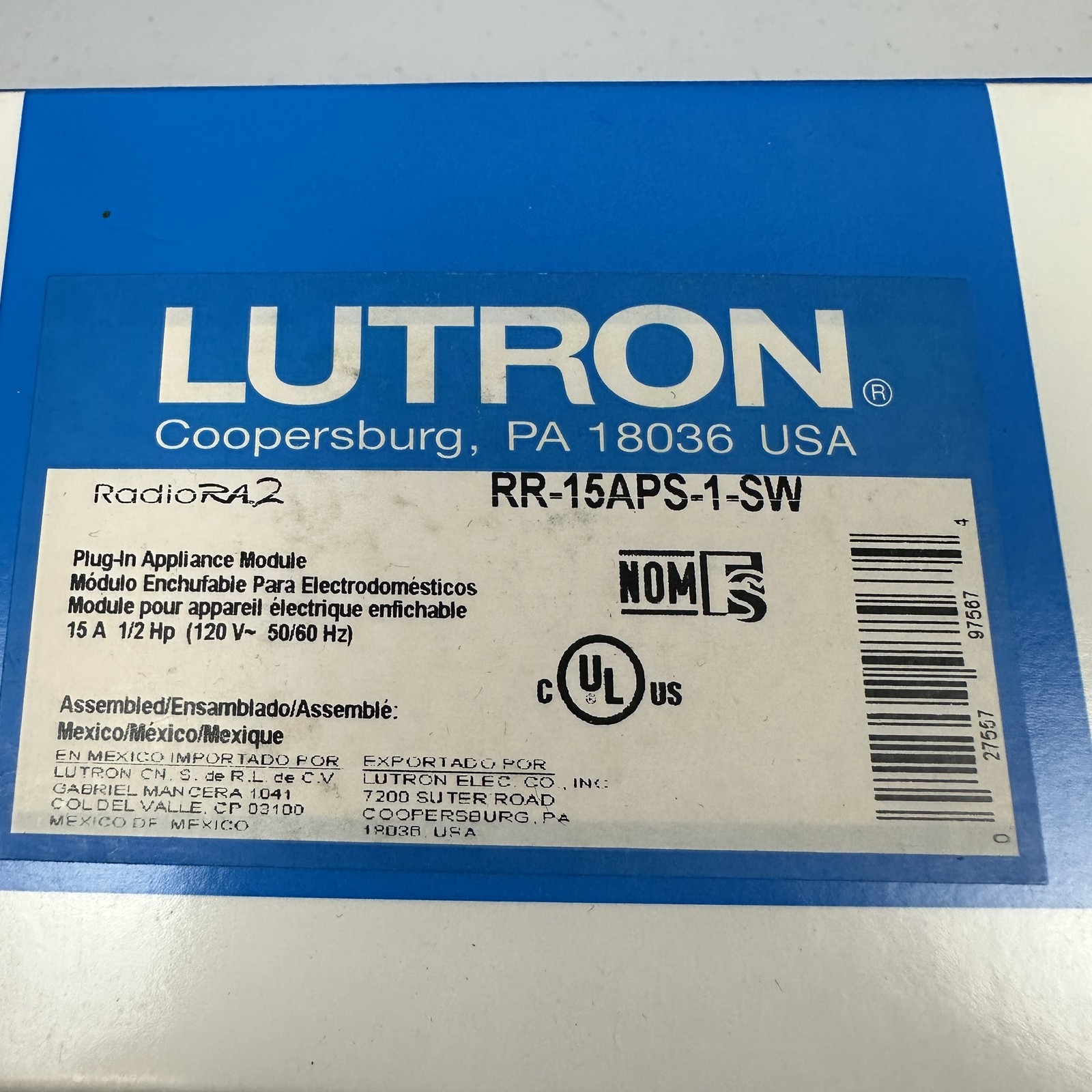 Lutron RadioRA2 Plug-In Appliance Module White RR-15APS-1-SW 120V 15A Mexico