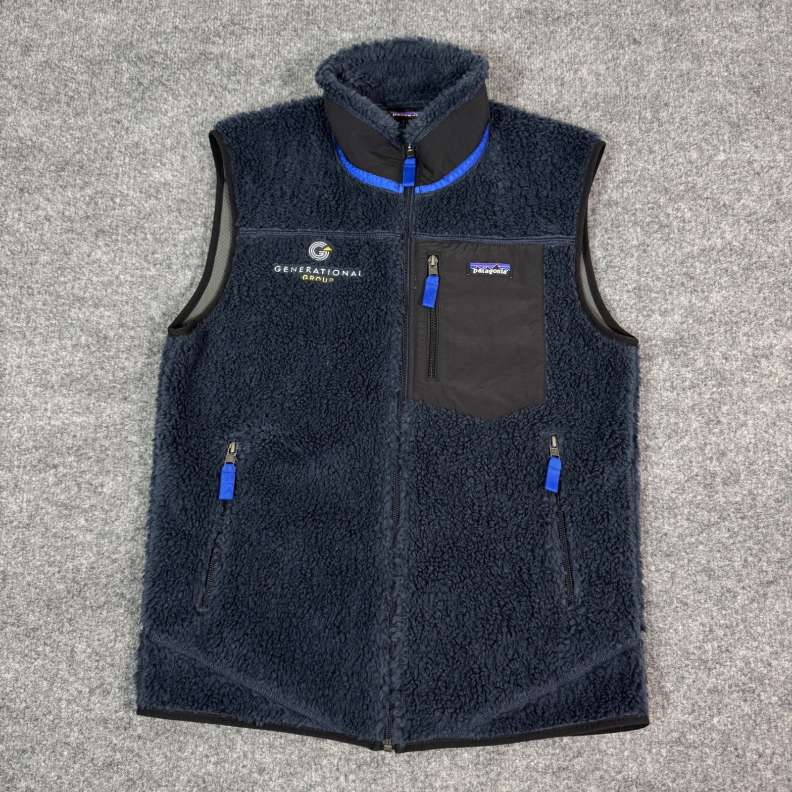 Patagonia Classic Retro-X Fleece Vest Mens Medium Navy Blue Polyester EUC Logo
