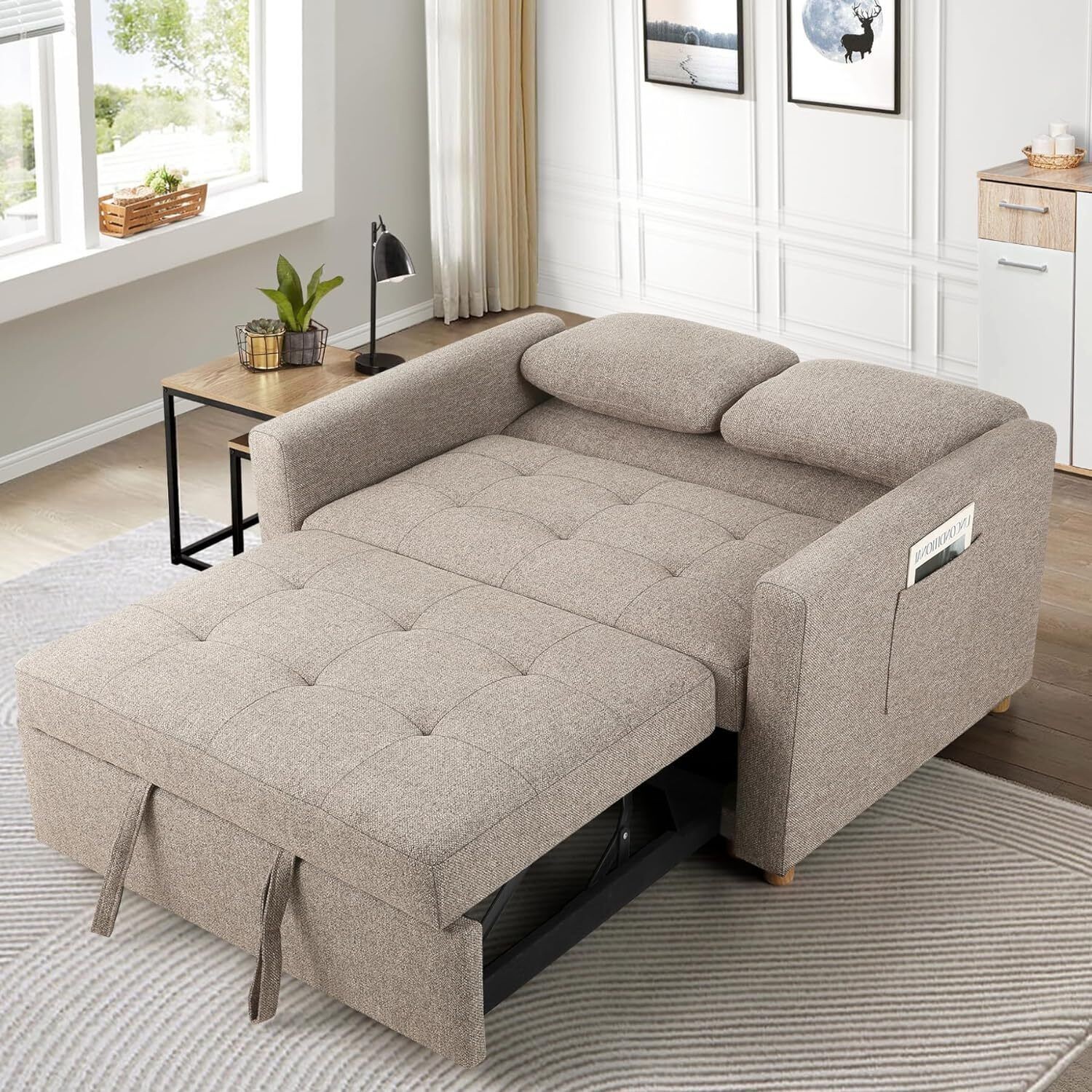 Convertible Sofa Bed, Linen Fabric Sleeper Couch Pull Out Bed 3-in-1 Loveseat
