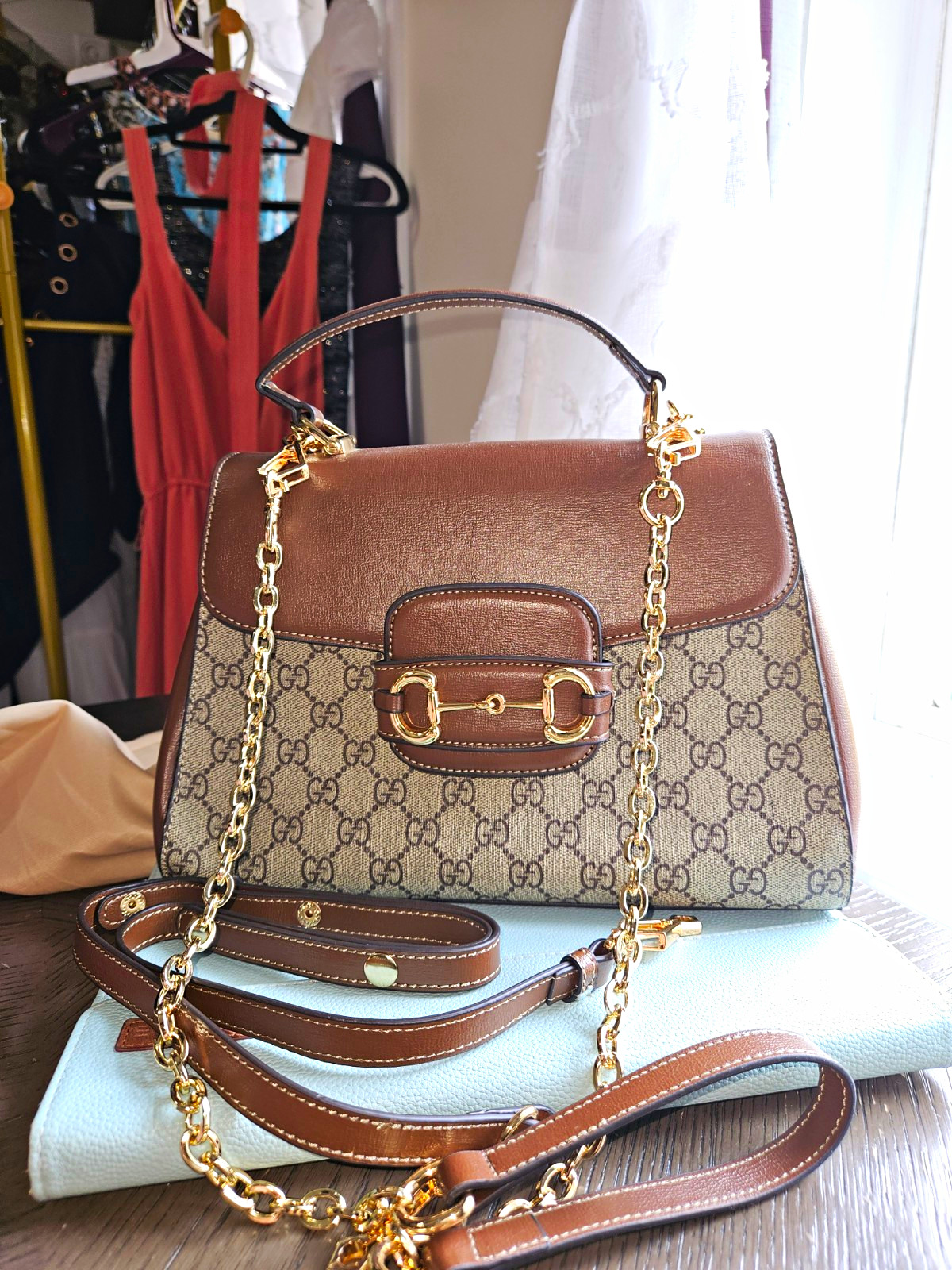 GG Monogram Top Handle Bag Chain Strap Push Lock Brown/Beige Medium GG Monogram Top Handle Bag Chain Strap Push Lock Brown/Beige Medium