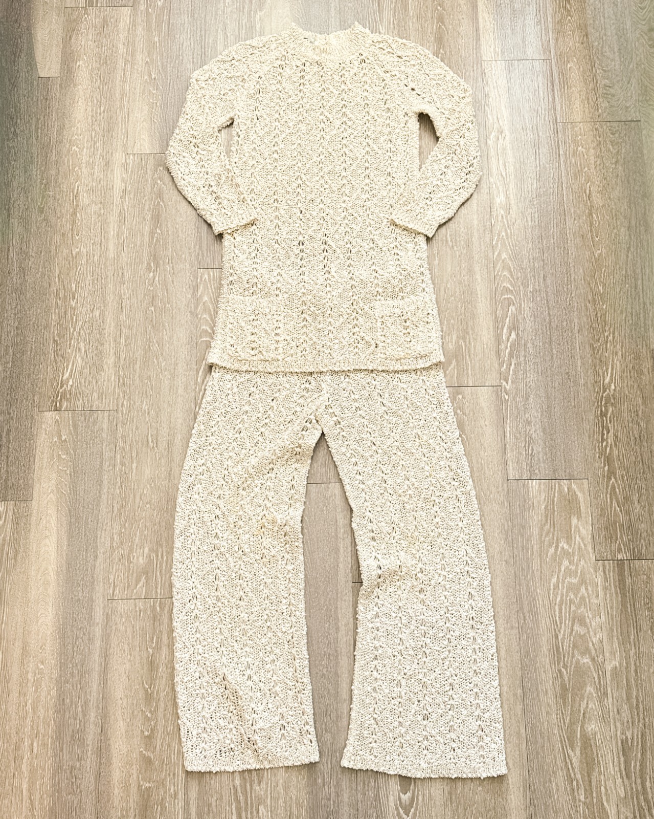 VTG 70s Pallas Irish Linen Crochet Knit Sweater Tunic Flared Pants Set S Beige