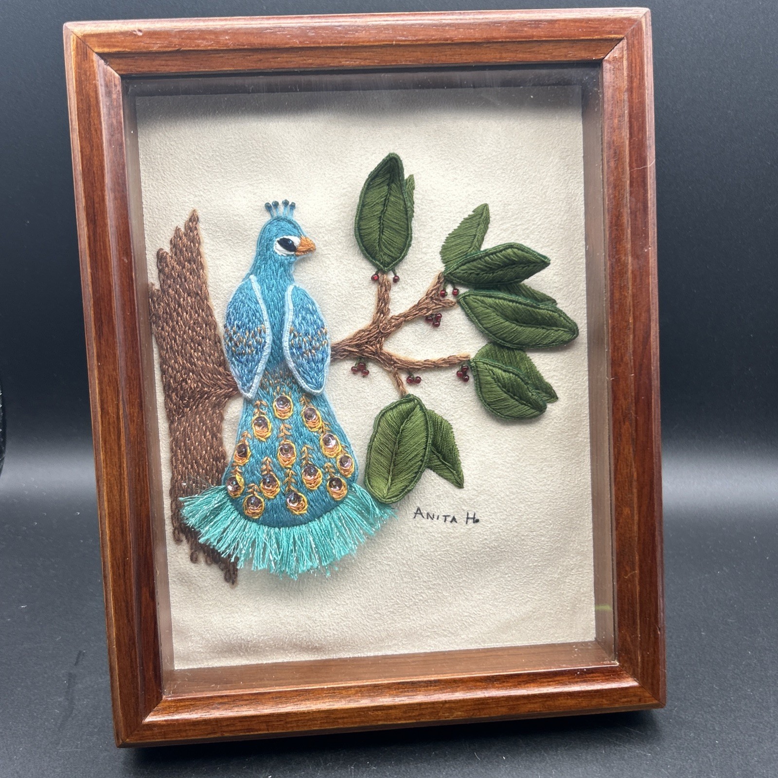 Vtg 3D Stumpwork Peacock Embroidery Shadow Box Signed Anita H Crewel Textile Art