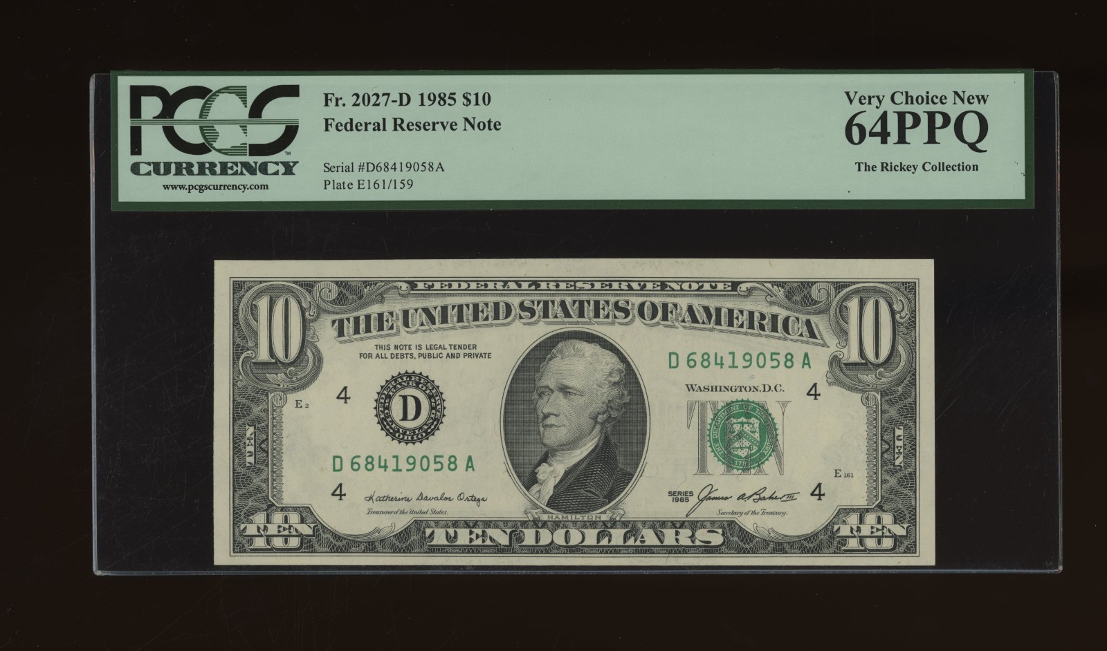 DBR 1985 $10 FRN Cleveland Fr. 2027-D PCGS 64 PPQ Serial D68419058A