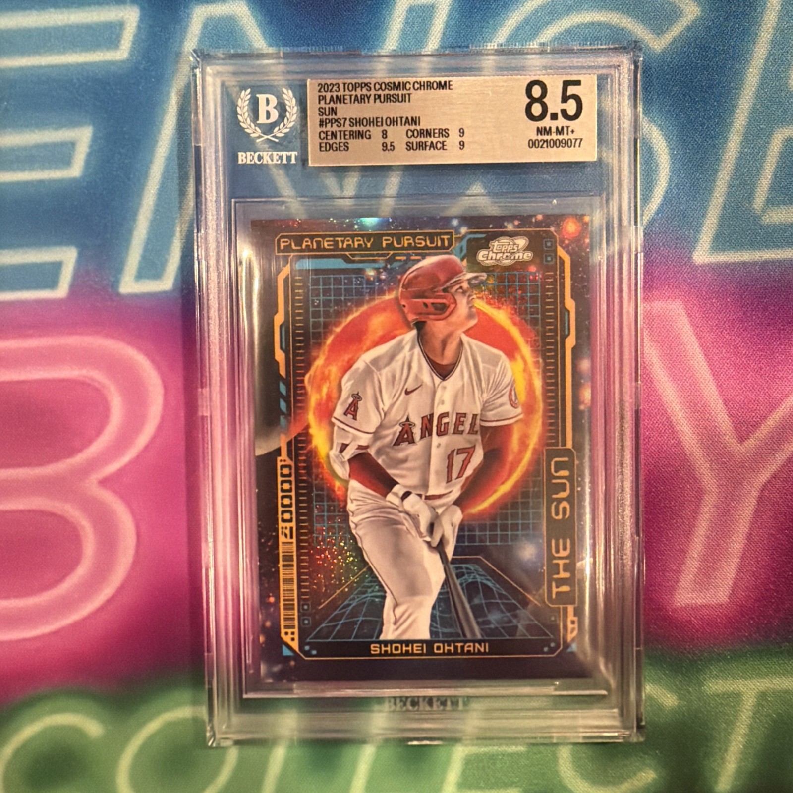 2023 Topps Cosmic Chrome - Planetary Pursuit Shohei Ohtani #PPS-7 Sun BGS 8.5 2023 Topps Cosmic Chrome - Planetary Pursuit Shohei Ohtani #PPS-7 Sun BGS 8.5