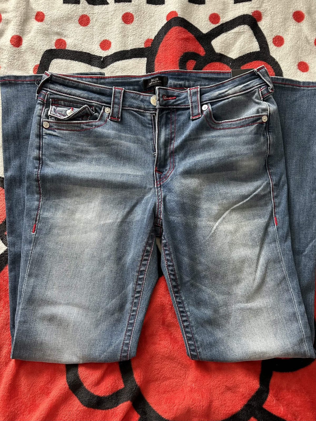 true religion billie medium wash straight mid-rise jeans with red stitch true religion billie medium wash straight mid-rise jeans with red stitch