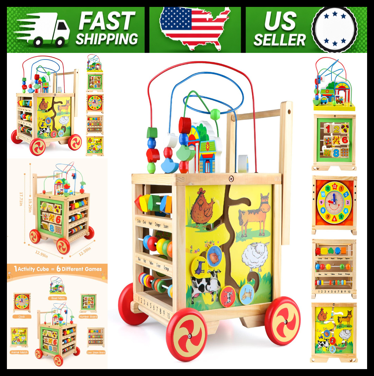 6-in-1 Wooden Activity Cube Montessori Toy Bead Maze Shape Sorter Abacus 6-in-1 Wooden Activity Cube Montessori Toy Bead Maze Shape Sorter Abacus