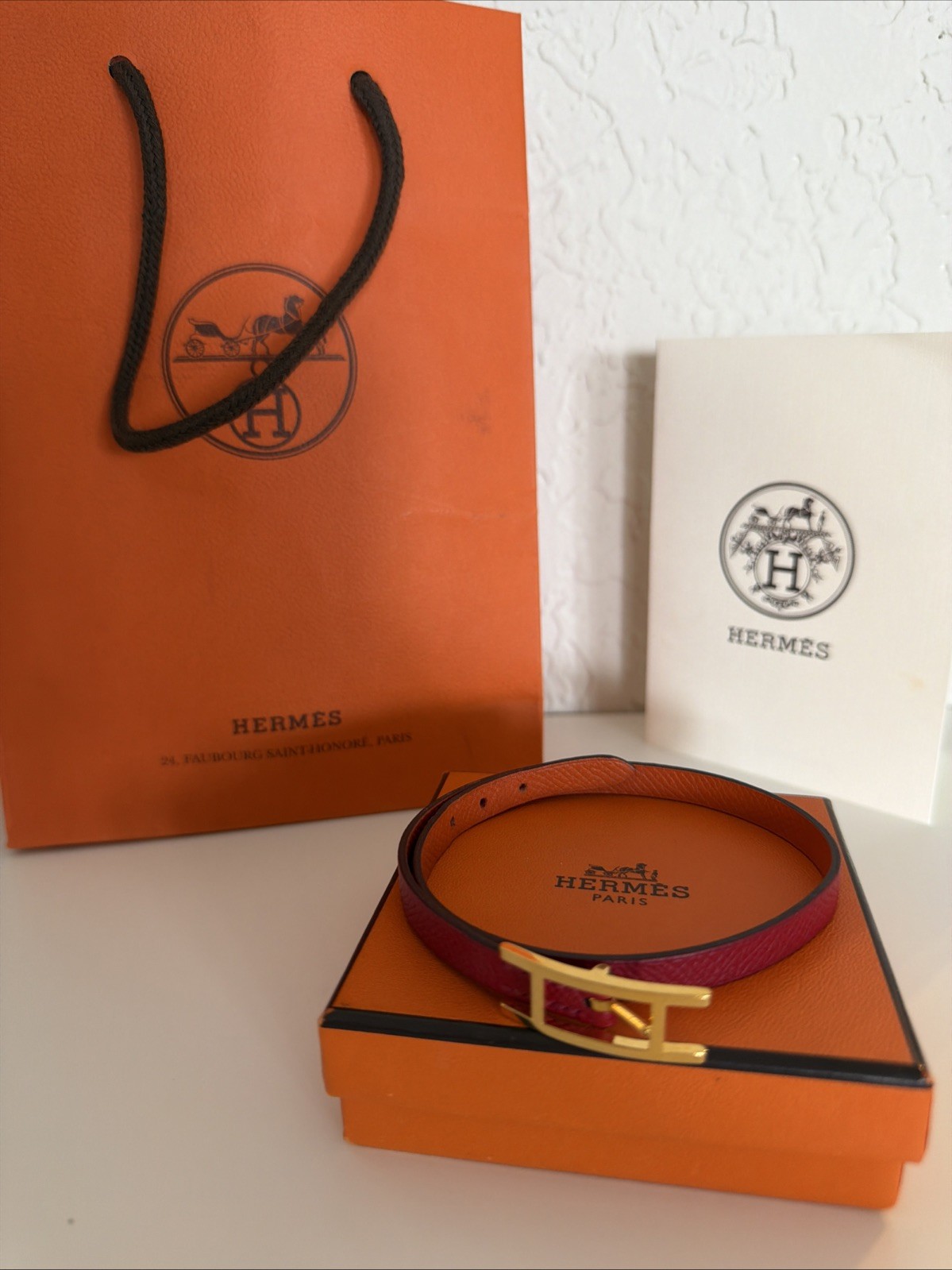 Authentic Hermes Bracelet Behapi Double Tour Reversible Red/Orange XS Authentic Hermes Bracelet Behapi Double Tour Reversible Red/Orange XS