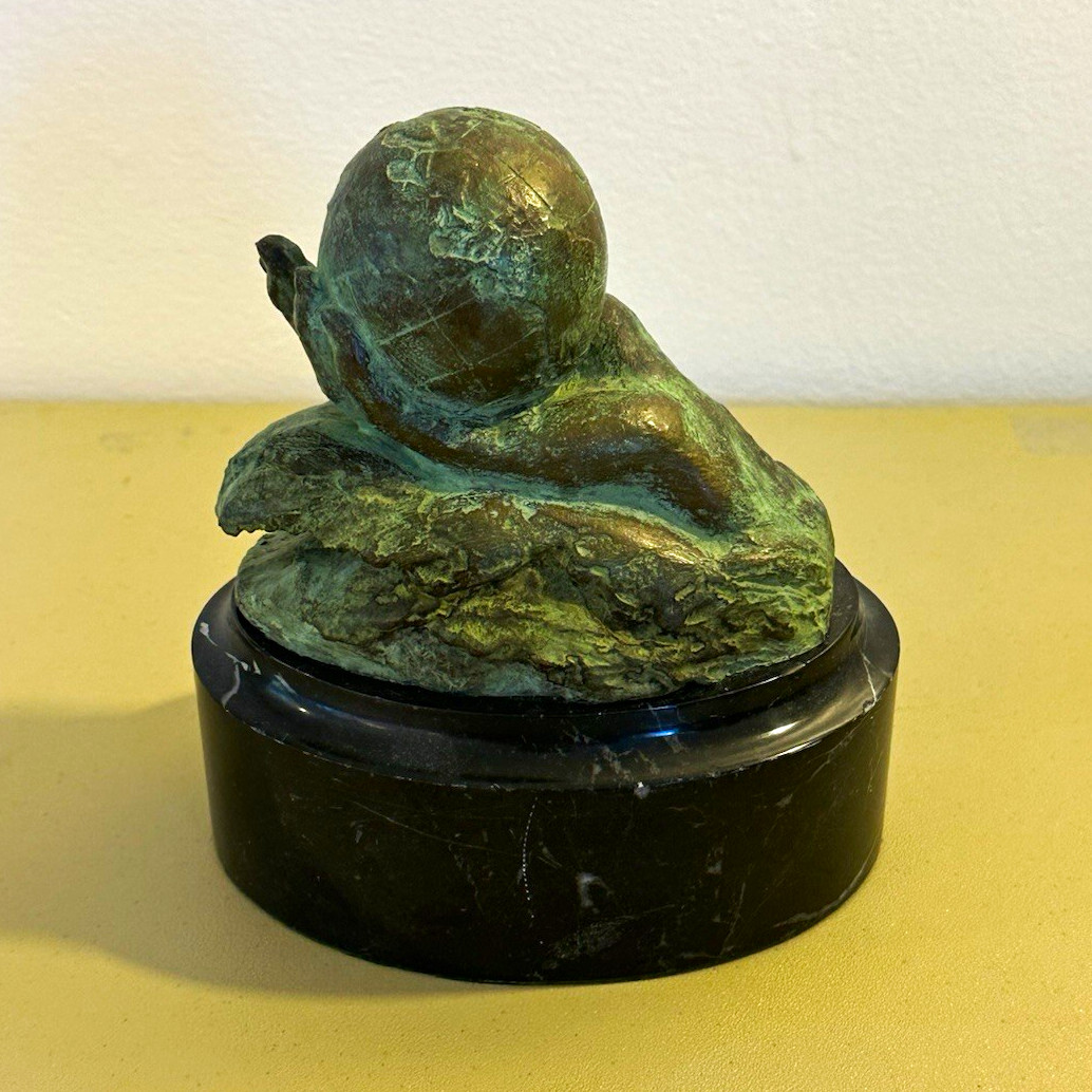 Vintage Bronze Hand Holding Globe Sculpture – Green Patina – Black Marble Base