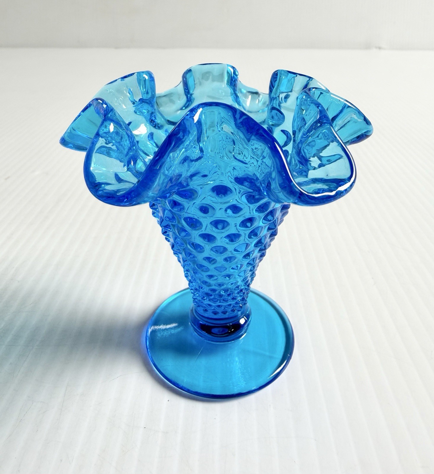 Vintage Fenton Blue Glass Ruffled Edge Hobnail Vase MCM 4” Vintage Fenton Blue Glass Ruffled Edge Hobnail Vase MCM 4”