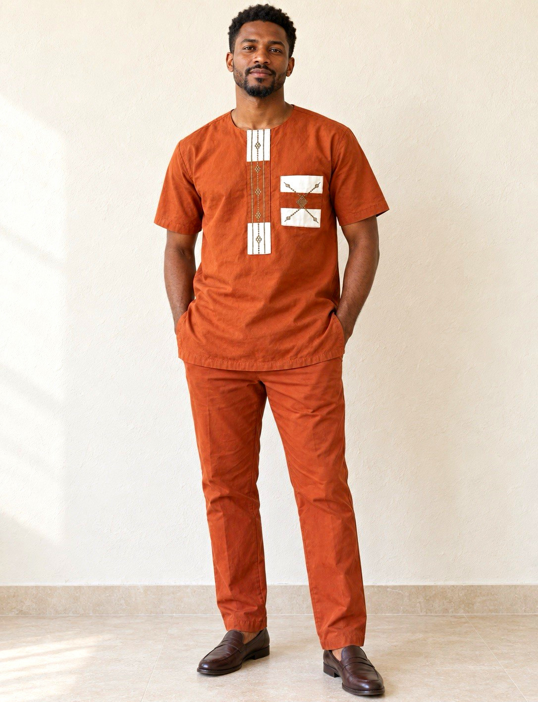 Men’s Handmade Togo African 2-Piece Clay Orange Outfit – Fits M / 32x32