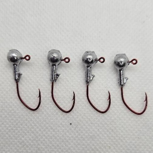 100 -- 1/32 OZ ROUND JIG HEADS WITH COLLAR #4 RED SICKLE HOOK UNPAINTED USA