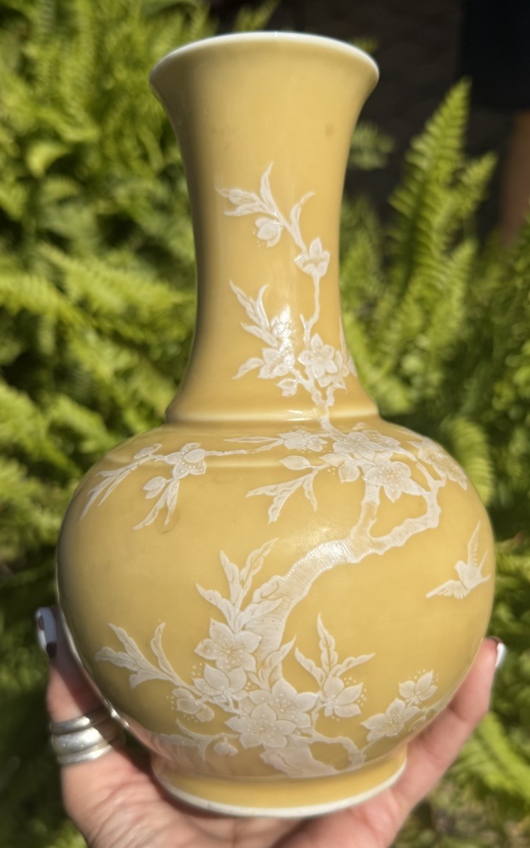 Vintage Chinese Yellow Glazed Porcelain Vase White Slip Prunus Blossom Bird PRC Vintage Chinese Yellow Glazed Porcelain Vase White Slip Prunus Blossom Bird PRC