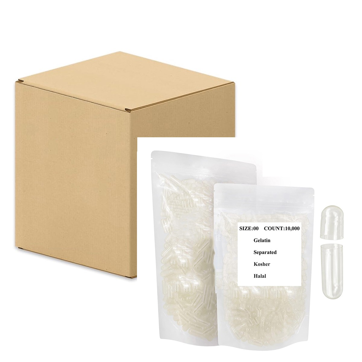 10,000 Box of Bulk Empty Gelatin Capsules Size 00 Clear Gel Caps Separated