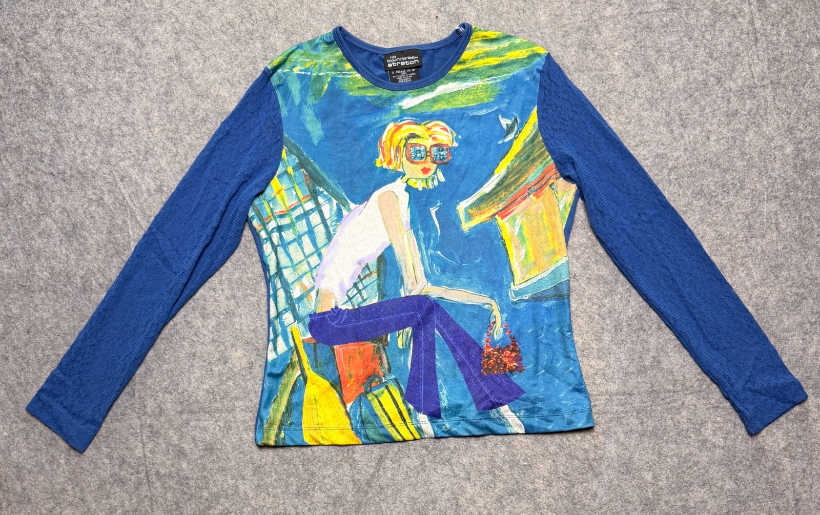 Vintage Y2K No Boundaries Juniors L 11/13 Blue Art Print Mesh Sleeve Stretch Top