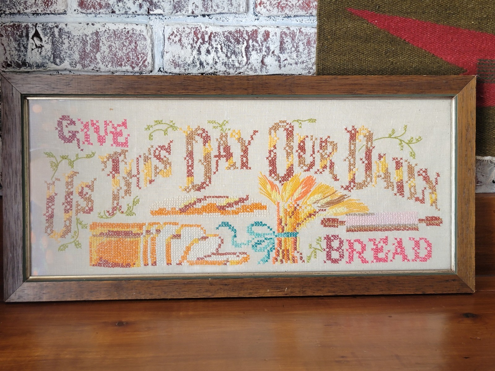 VTG 1958 Cross Stitch Embroidery Wall Art GIVE US THIS DAY OUR DAILY BREAD 21x10