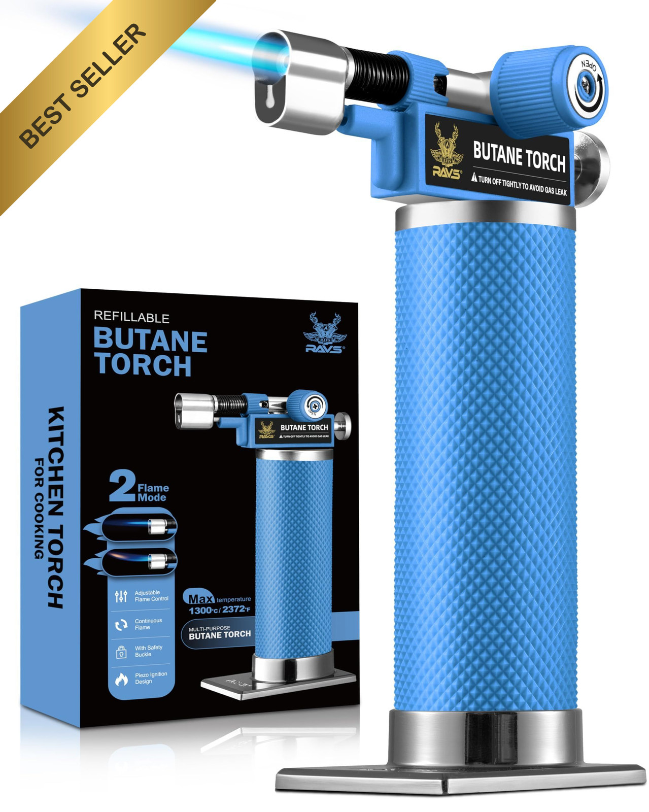 RAVS Dual Flame Mode Butane Torch Refillable Kitchen Lighter Blue Blowtorch RAVS Dual Flame Mode Butane Torch Refillable Kitchen Lighter Blue Blowtorch
