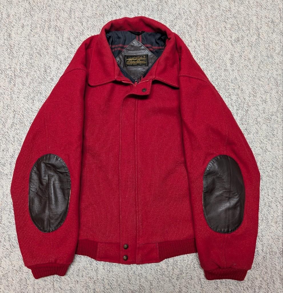 vintage EDDIE BAUER wool BOMBER jacket L leather ELBOW PATCHES red 44
